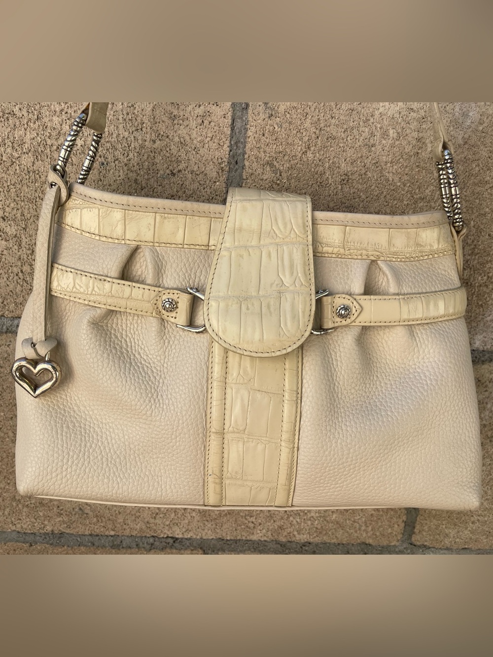 Vintage Brighton Ivory Croc Embrossed Leather Shoulder Bag Silver Heart Charm